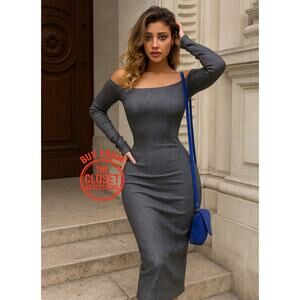 ZARA Off Shoulder Fitted Midi Dress NWT | Grey Ombre | Long Sleeve